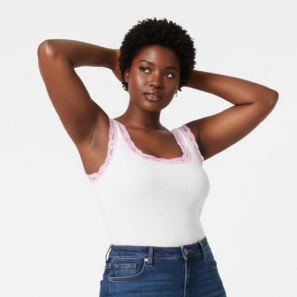 Women's White and Pink Lace Trim Tank Top